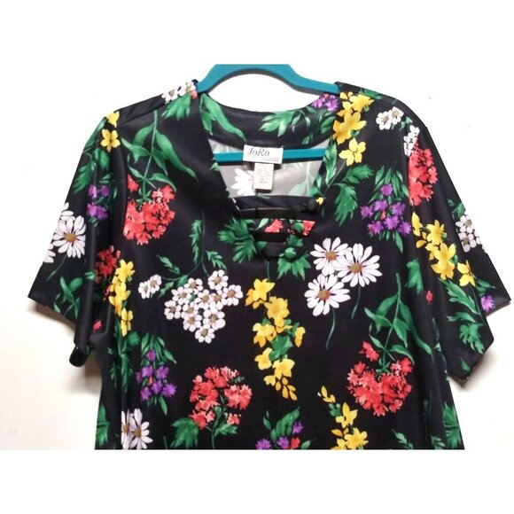 VTG Hawaiian blouse top 1X Black Floral Multicolor JoRo Fashions stretch SS EUC - Picture 3 of 7